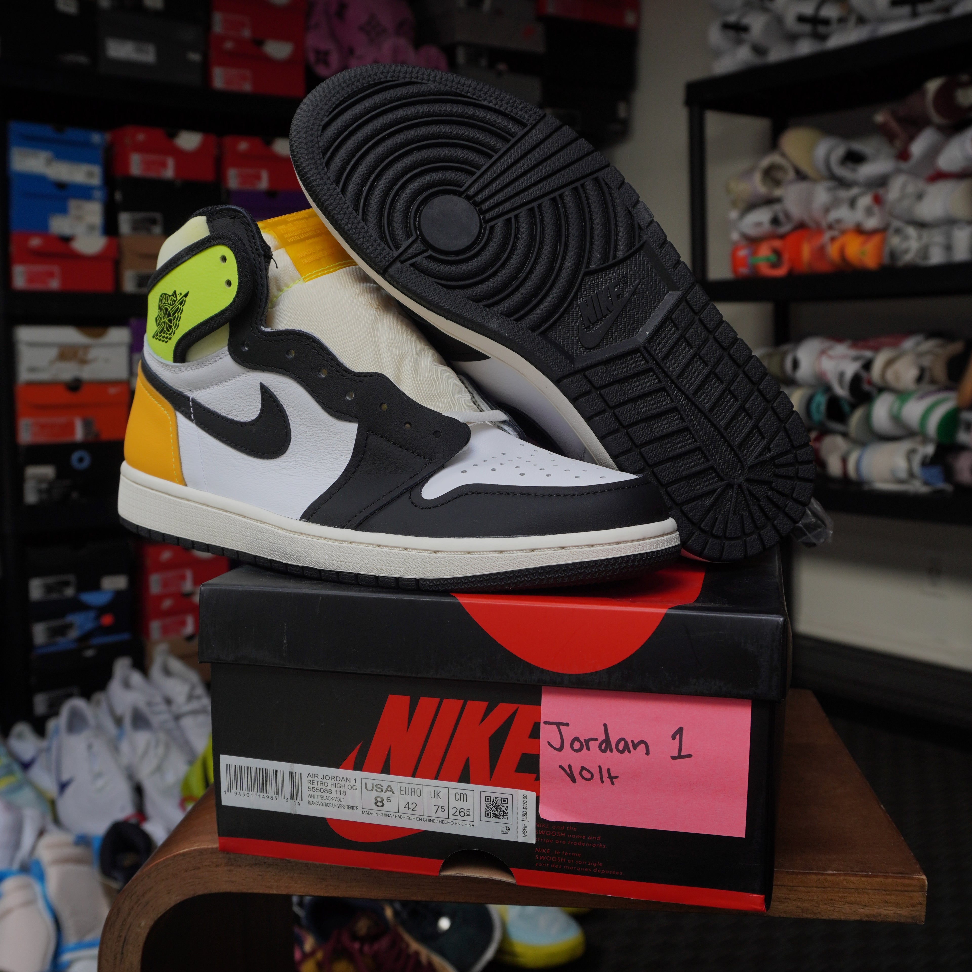 Jordan 1 Retro High White Black Volt University Gold